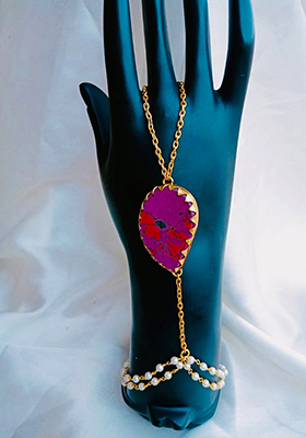 Handcrafted Pink Jasper Brass Hand Harness | Ethnic Bridal Jewelry
