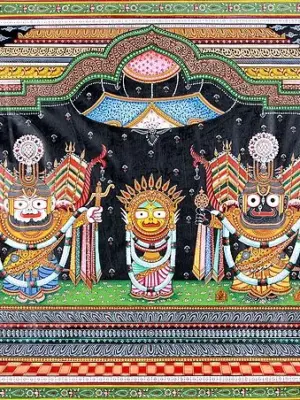 Blessing Lord Jagannath With Goddess Subhadra and Lord Balram|Handmade Pattachitra Painting|