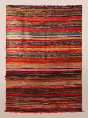Cotton Red Striped Pattern Recycled Chindi Dhurrie 