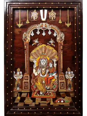 36" Bhagwan Narsimha With Devi Lakshmi | 3D Wood Painting With Inlay Work | Made in India
