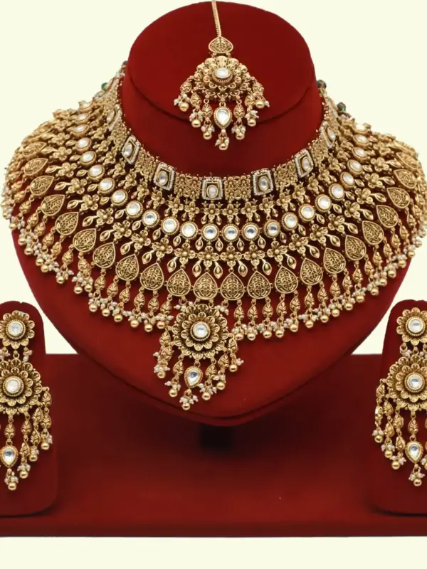 Heavy bridal brass choker necklace set with earrings and maang tikka in antique gold finish