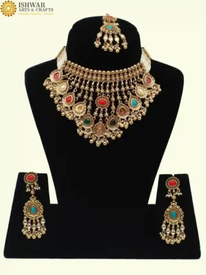 Designer Multicolour Stone Bridal Necklace Set with Hanging Beads, Earrings and Maangtika, Ishwar Arts and Crafts
