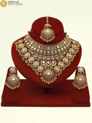 Heavy Embellished Carving Bridal Necklace Set with Earrings and Maangtika, Ishwar Arts and Crafts