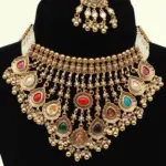 Designer Multicolour Stone Bridal Necklace Set with Hanging Beads, Earrings and Maangtika