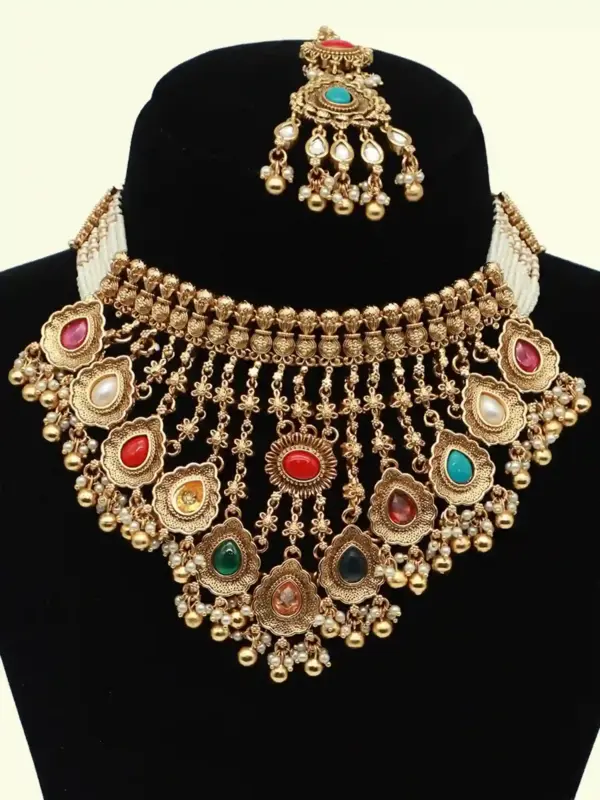 Designer Multicolour Stone Bridal Necklace Set with Hanging Beads, Earrings and Maangtika