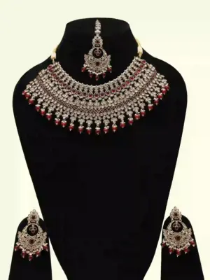 Stunning red and white stone-studded bridal necklace set