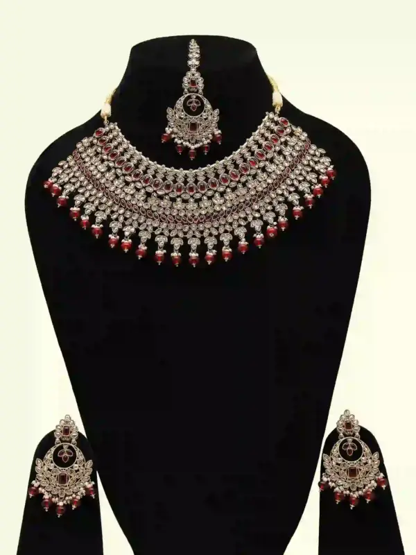 Stunning red and white stone-studded bridal necklace set