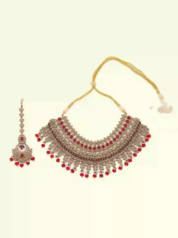 Stunning red and white stone-studded bridal necklace set