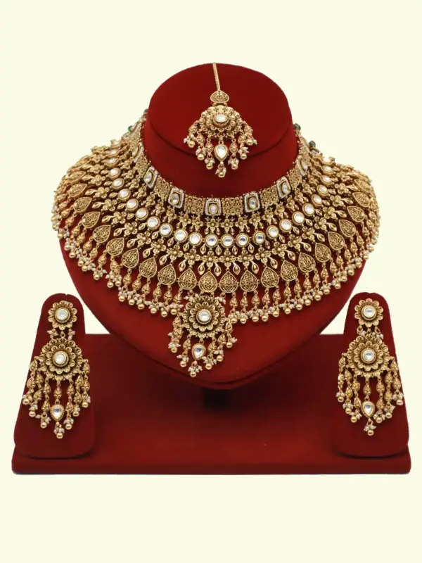 Heavy bridal brass choker necklace set with earrings and maang tikka in antique gold finish
