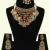 Designer Multicolour Stone Bridal Necklace Set with Hanging Beads, Earrings and Maangtika