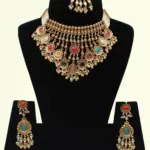 Designer Multicolour Stone Bridal Necklace Set with Hanging Beads, Earrings and Maangtika