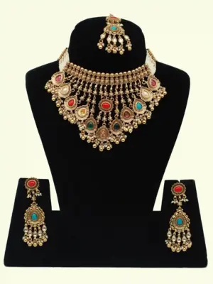 Designer Multicolour Stone Bridal Necklace Set with Hanging Beads, Earrings and Maangtika