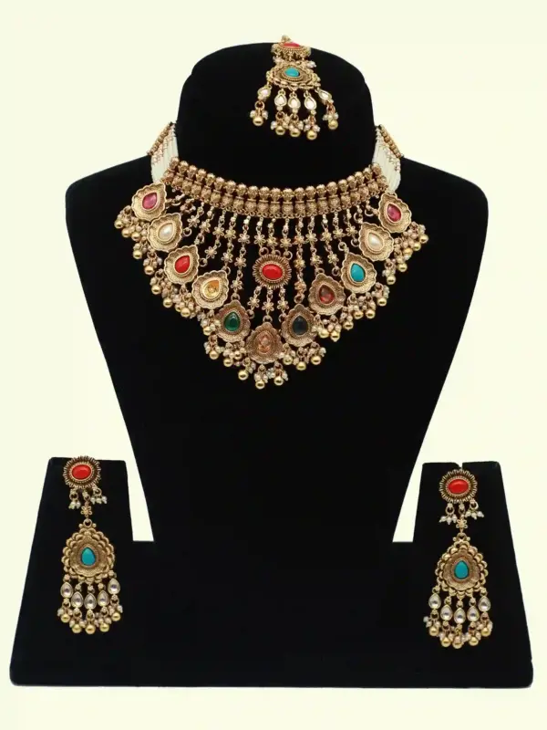 Designer Multicolour Stone Bridal Necklace Set with Hanging Beads, Earrings and Maangtika