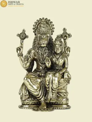4" Small Sitting Lord Narsimha with Goddess Lakshmi Superfine Brass Statue, Ishwar Arts and Crafts