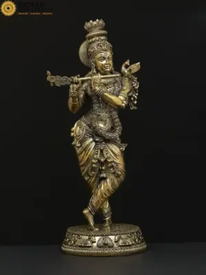 6" Small Lord Krishna Superfine Brass Statue With Flute, Ishwar Arts and Crafts