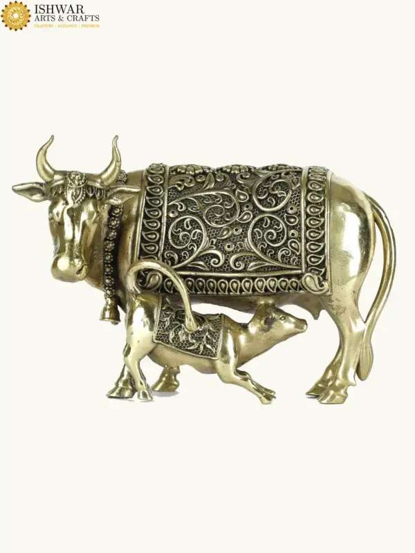 4" Small Kamdhenu Cow and Calf Superfine Quality Statue in Brass, Ishwar Arts and Crafts