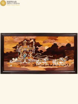 48" Mahabharata War View With Geeta Updesham | Natural Color On 3D Rosewood Painting With Inlay Work | Handmade, Ishwar Arts and Crafts