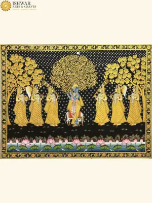 Bhagwan Krishna With Gopi's Pichhwai Painting | Natural Color On Cloth | Handmade, Ishwar Arts and Crafts