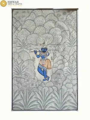 Lord Shrinathji With Flute | Pichhwai Art | Watercolor On Cotton, Ishwar Arts and Crafts