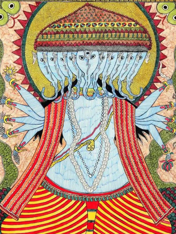 Dashamukhi Ganesha Adorned with a Floral Crown | Madhubani Painting, Ishwar Arts and Crafts