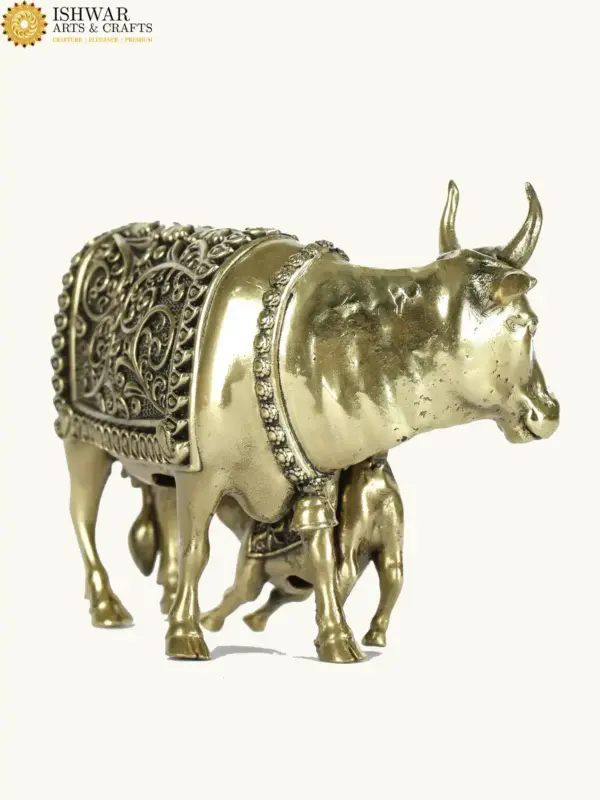4" Small Kamdhenu Cow and Calf Superfine Quality Statue in Brass, Ishwar Arts and Crafts