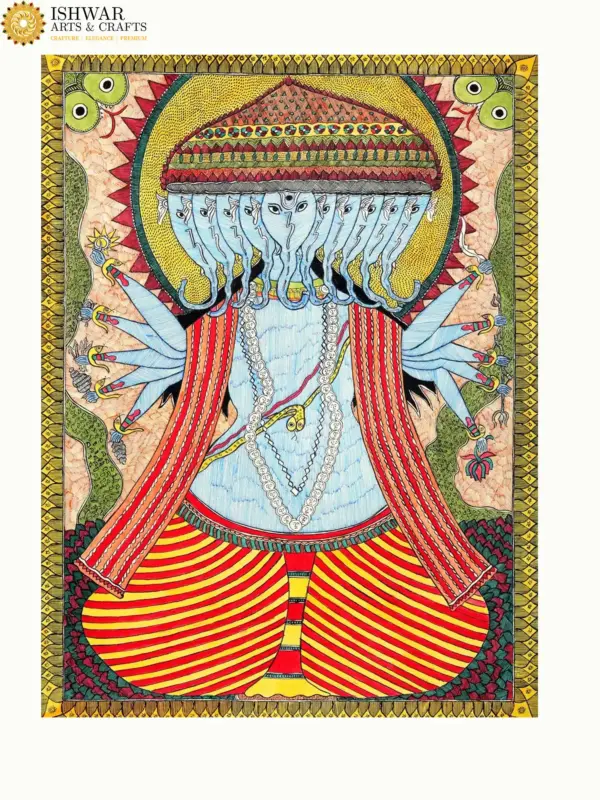 Dashamukhi Ganesha Adorned with a Floral Crown | Madhubani Painting, Ishwar Arts and Crafts