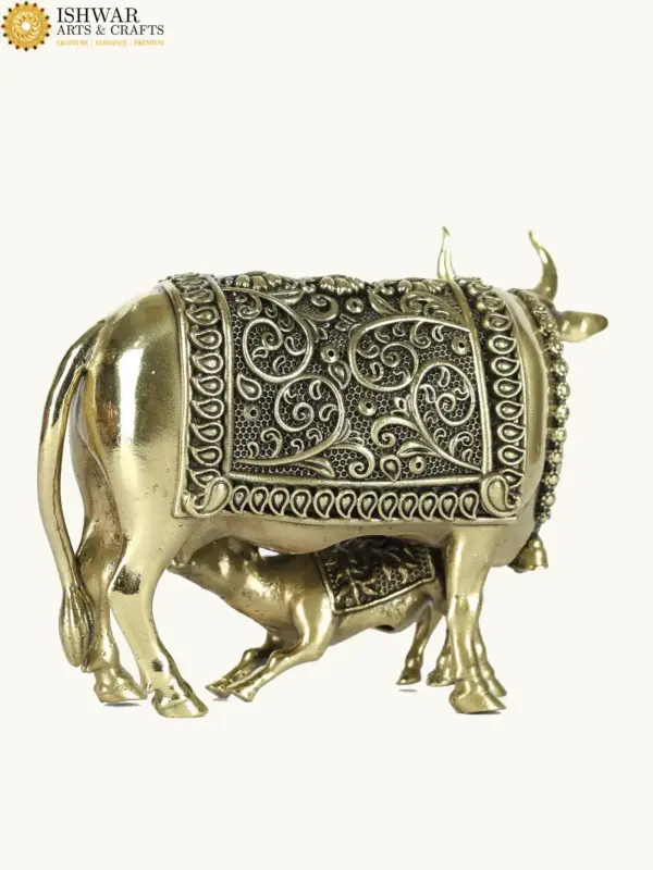 4" Small Kamdhenu Cow and Calf Superfine Quality Statue in Brass, Ishwar Arts and Crafts