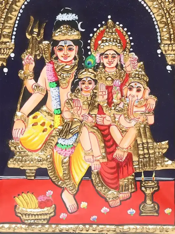 Lord Shiva Family Tanjore Painting | Traditional Colors with 24 Karat Gold | With Frame, Ishwar Arts and Crafts