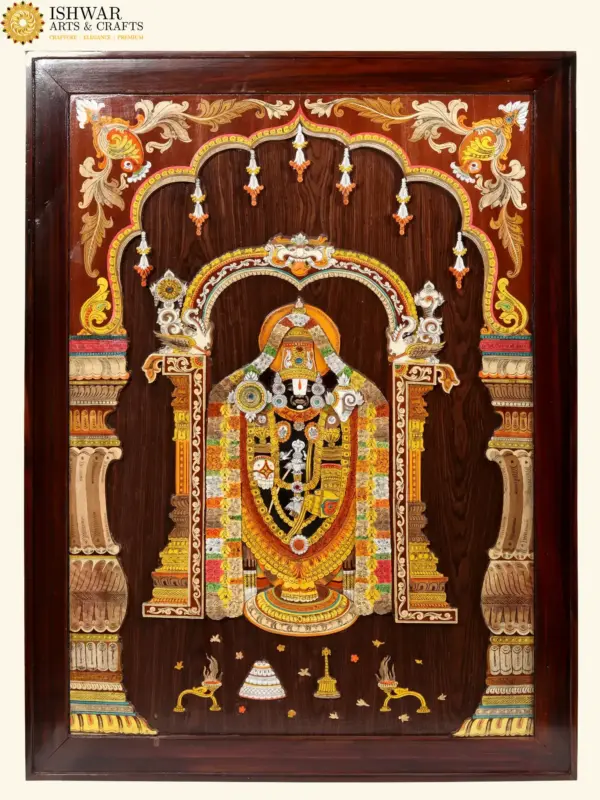 48" 3D Bhagwan Tirupati Balaji (Lord Venkateshwara) | Wood Panel with Inlay Work | Handmade, Ishwar Arts and Crafts