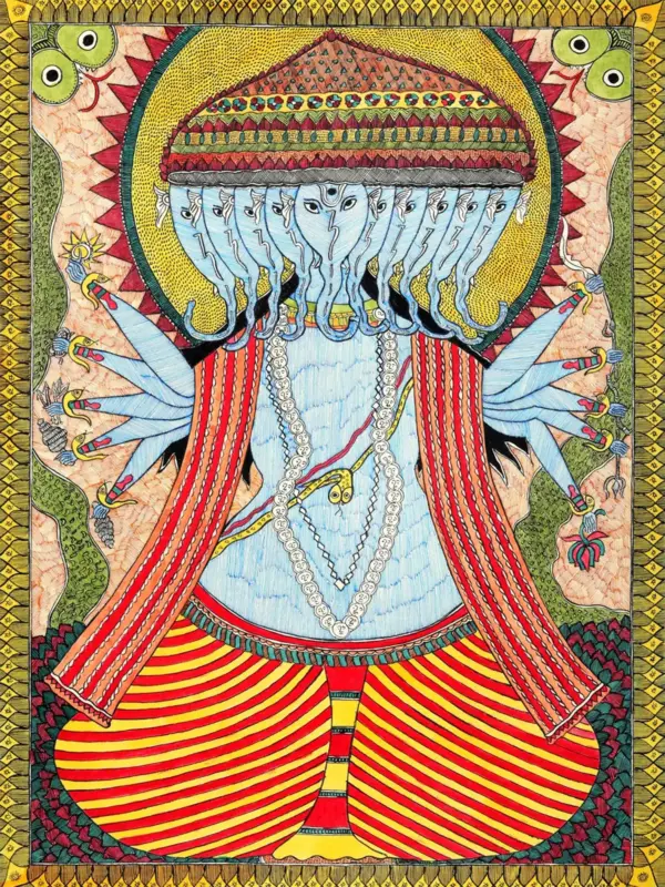 Dashamukhi Ganesha Adorned with a Floral Crown | Madhubani Painting, Ishwar Arts and Crafts